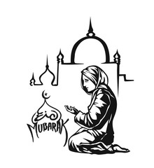 Muslim woman praying ( Namaz, Islamic Prayer ) - Hand Drawn Sketch Vector Background.