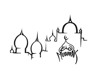 Eid Mubarak celebration- calligraphy stylish lettering eid mubarak text with mosque. Vector illustration.