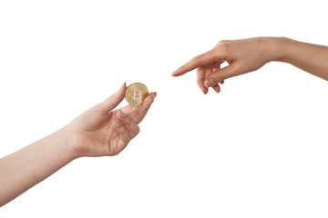 two hands with bitcoin white isolated The Creation of Adam