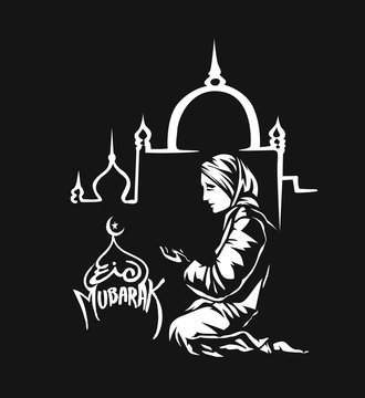 Muslim woman praying ( Namaz, Islamic Prayer ) - Hand Drawn Sketch Vector Background.