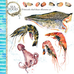 Seafood set. Sea animals collection. watercolor hand drawn illustration.