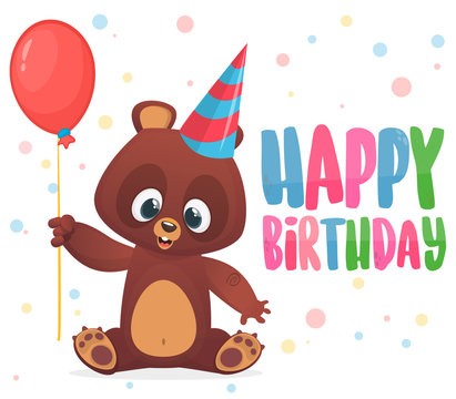 Cartoon bear holding a red balloon. Happy birthday greetings postcard with typography title. Vector illustration. Design for party decoration print