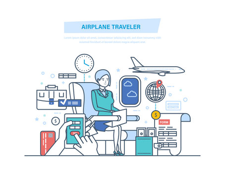 Airplane traveler. Travel people, tourism, air travel around world.