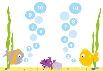 Math game with fish and bubbles  : numbers 1-10 / vector illustration for kids 