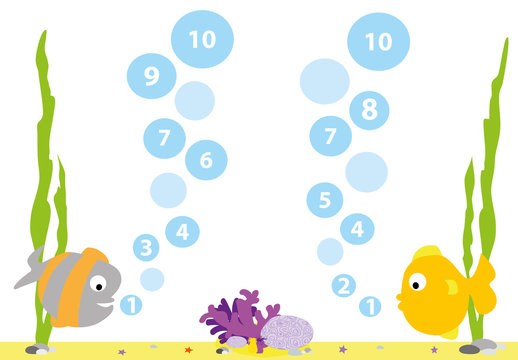 Math Game With Fish And Bubbles  : Numbers 1-10 / Vector Illustration For Kids 