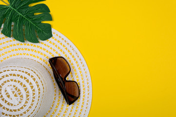 Top view of beach summer accessories with copy space. Summer background. Flat lay, top view.