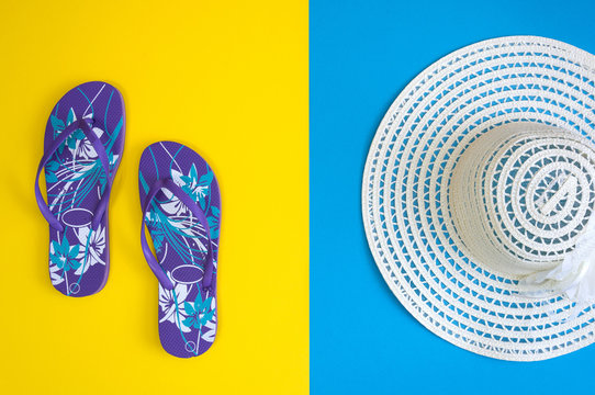 Top view of beach summer accessories with copy space. Summer background. Flat lay, top view.