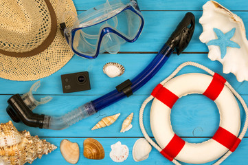 Traveler accessories with empty space for text. Travel vacation concept. Summer background. Beach fashion , summer concept. Road frame set. Flat lay, top view.