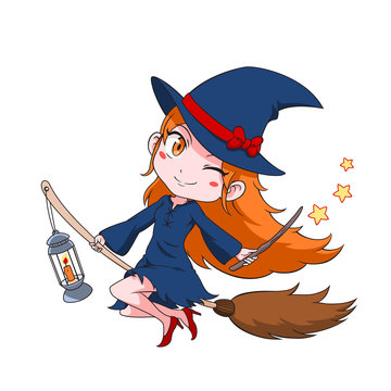 Cute cartoon witch flying on a broom.