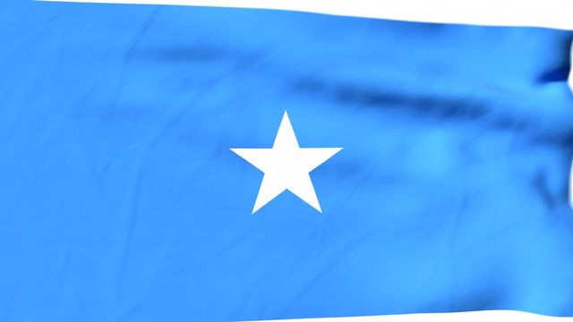 The waving flag of Somalia opens up the view to the position of Somalia on a colored world map