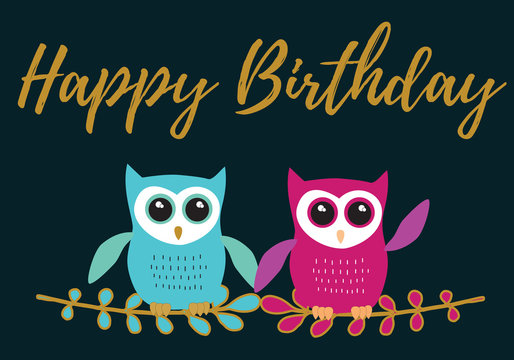 Owl Happy Birthday in turquoise and lila  with black,white and gold metallic colors palette vector illustration card template on a dark background