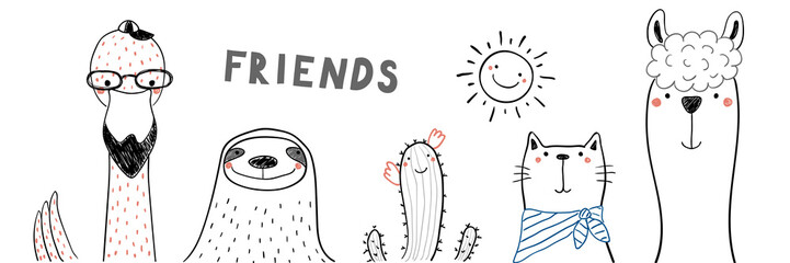 Hand drawn portrait of a cute funny flamingo, sloth, cactus, llama, cat, with text Friends. Isolated objects on white background. Line drawing. Vector illustration. Design concept for children print.