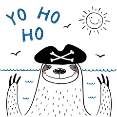 Sierkussen Hand drawn portrait of a cute funny pirate sloth in tricorne hat, with text Yo ho ho. Isolated objects on white background. Line drawing. Vector illustration. Design concept for children print. © Maria Skrigan