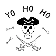Sierkussen Hand drawn funny Jolly Roger, scull in pirate hat, cutlasses, fish bones, text Yo ho ho. Isolated objects on white background. Line drawing. Vector illustration. Design concept for children print. © Maria Skrigan