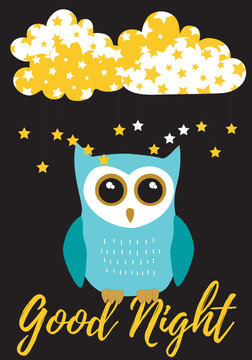 Owl Good Night in turquoise blue with black,white and gold metallic colors palette vector illustration card template on a black background with clouds and stars