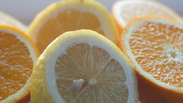 Cut citrus lemon and orange close-up view close on a white background
