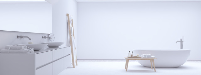 new modern zen bathroom with white wall. 3d rendering