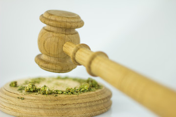 Wooden judge hammer with sound block on the white mirror background - Legality of cannabis, legal and illegal cannabis on the world.