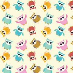 Owl pattern in turquoise blue, yellow, red, brown, green with black,white and gold metallic colors palette vector illustration card template on a light yellow background 