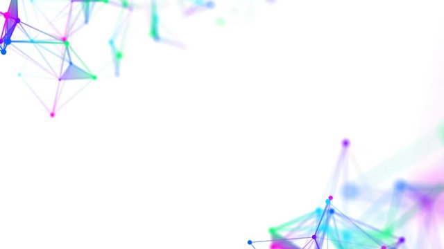 Colored plexus elements in the corners of the screen. Place for text. White background. Cinematographic business background. Depth of field. Seamless loop.