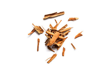 Heap of raw organic cinnamon sticks isolated on a white background. Horizontal composition. Top view
