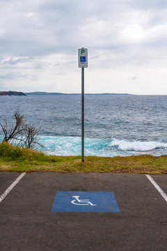 Special Parking Place Spot And Marking Sign For Disabled People Near Seaside In Australia