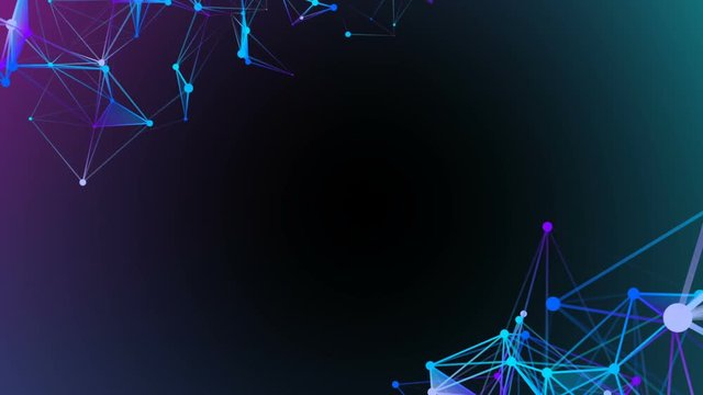 Blue plexus elements in the corners of the screen. Place for text. Multicolored background 3. Cinematographic business background. Seamless loop.