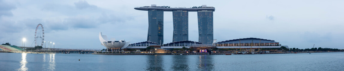 Fototapeta na wymiar Panorama shot of Singapore Marina Bay sands and Singapore Flyer, Singapore, April 14, 2018