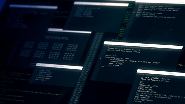 Programming code on screen, hacker stealing data, virus infiltrating pc system