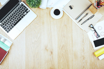 Modern wooden tabletop with objects