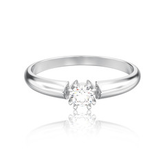 3D illustration isolated white gold or silver engagement solitaire double prong basket diamond ring with reflection