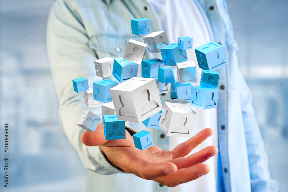 Poster 3d rendering blue and white cube on a futuristic interface