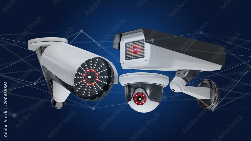 Aufkleber security camera system and network connection - 3d rendering