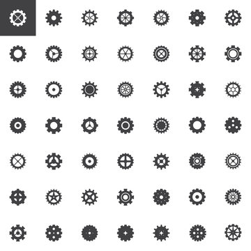 Gear vector icons set, modern solid symbol collection filled style pictogram pack. Signs logo illustration. Set includes icons as cogwheel, cog, gear wheel, wheel, settings, part, mechanism, clockwork