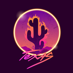 Retrowave neon Cactus. Texas slogan. Typography graphic print, fashion drawing for t-shirts. Vector stickers,print, patches vintage rock style