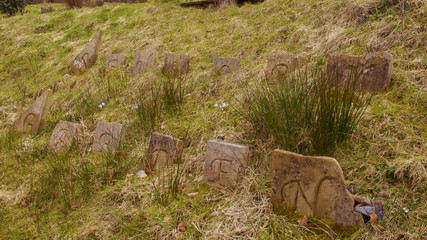 Engraved stones at  the Scents and Sensitivities Sensory Garden at Auchinstarry, near Kilsyth,...