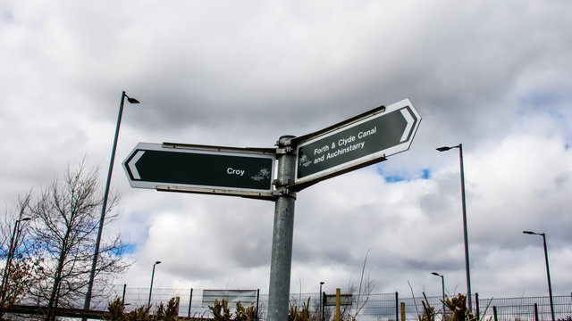 Direction signpost beside the Forth and Clyde canal at Auchinstarry.