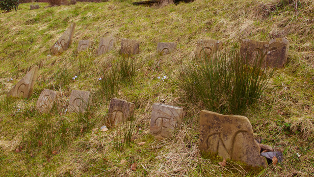 Engraved stones at  the Scents and Sensitivities Sensory Garden at Auchinstarry, near Kilsyth, Scotland.