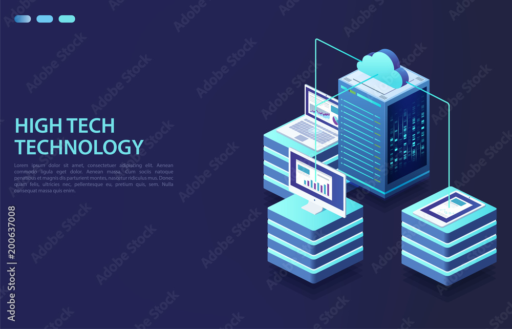Poster cloud storage data and synchronization of devices. concept of data center, data transmission technol