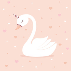 Cute swan unicorn on pink background. Children's card or shirt design
