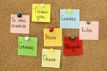 Thank You Word Cloud in Different Languages on a Cork Board Background