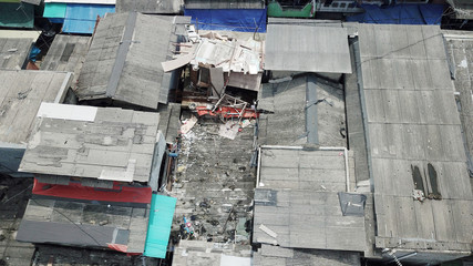 Aerial view of crowded slum house rooftop