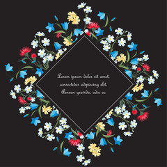 Vector illustration of colorful flowers. Frame floral decorations on a dark background.
