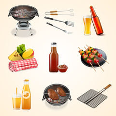 Family picnic barbecue grill set of realistic icons. BBQ collection with shish kebab ketchup beer with fried meat and fruit