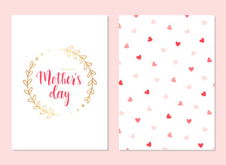 Happy mother's day template cards set. Vector greeting card with rose floral pattern and text in floral frame. Greeting cute pink card for Mother's day.