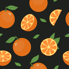 Orange fruit seamless pattern. Fresh citrus with leaf background. Vector illustration.
