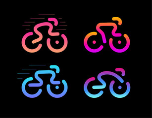 Bike vector logos. Cycle linear colorful icon set. Road bicycle races modern logo on black background. Bicycle shop amazing emblems template.