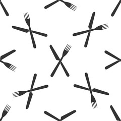 Crossed fork and knife icon seamless pattern on white background. Restaurant icon. Flat design. Vector Illustration