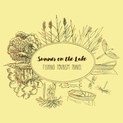 Background with lake, boat and tree