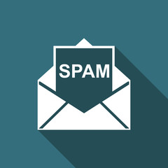 Envelope with spam icon isolated with long shadow. Concept of virus, piracy, hacking and security. Flat design. Vector Illustration
